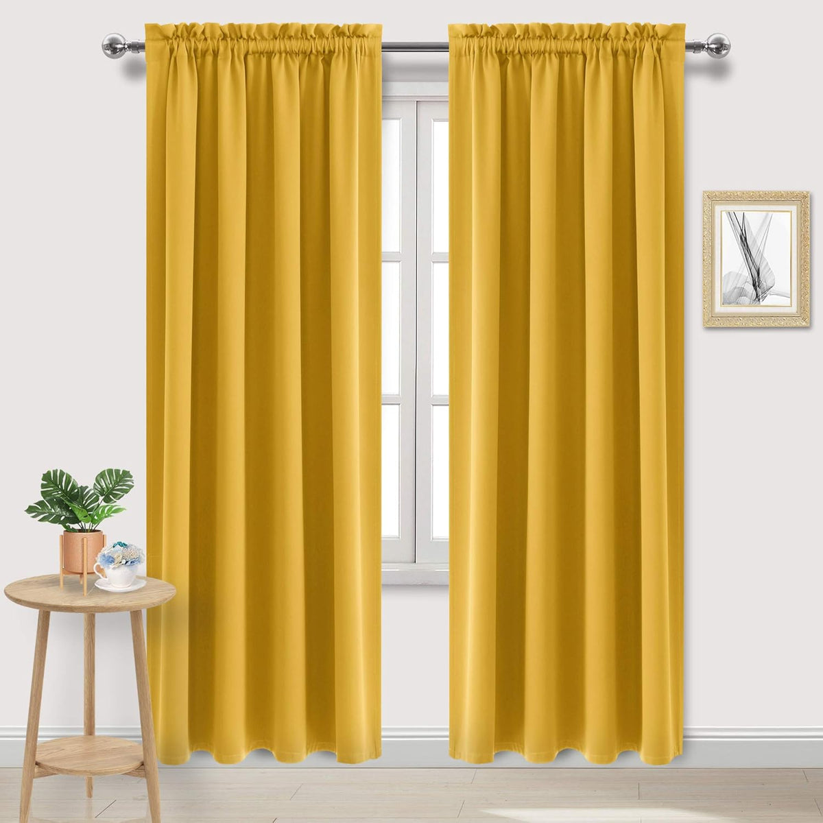 DWCN Blackout Curtains Room Darkening Thermal Insulated Bedroom Curtains Window Curtain Panels, 52 x 84 inches Long, Set of 2 Yellow Rod Pocket Drapes