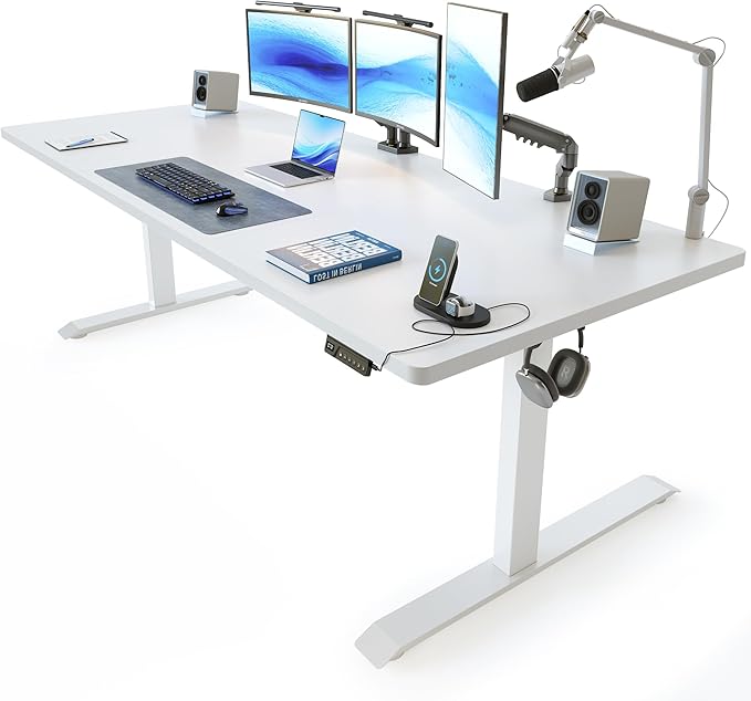 FEZIBO 71 x 37 Inch Standing Desk with Integrated Dual-Beam, Height Adjustable Computer Desk, Sit Stand Desk for Home Office Workstation, 1" Thick Large 3-Piece Desktop White