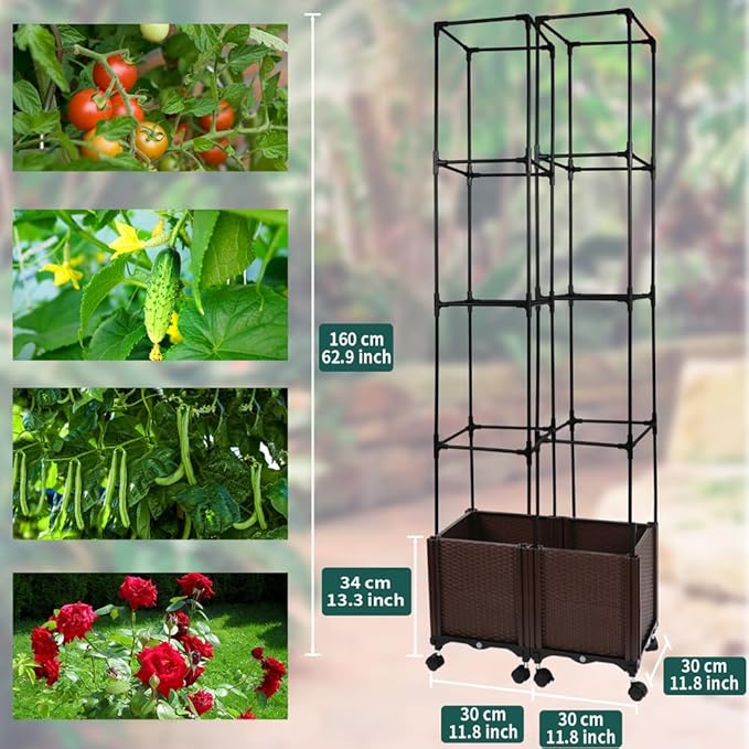 2 Pack Tomato Planter with Trellis, 62" H Rolling Planter Box with Wheels & Water Reservoir, Self-Watering Raised Garden Bed for Climbing Plants, Tomato, Potato, Vegetables, Chili