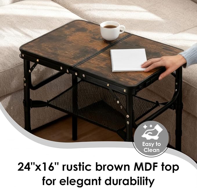 Folding TV Trays Foldable Dinner Tray Table Adjustable Height Food Snack Couch Side Table Sturdy Aluminum Portable Sofa Tray End Table for Outdoor Indoor Camp Pinic Bed Couch Living Room(Rustic Brown)