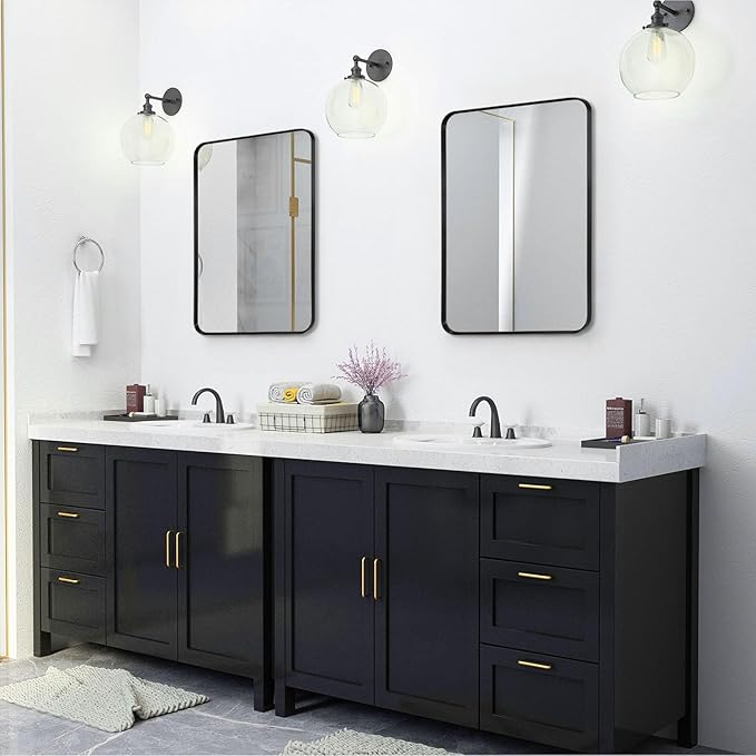 Wall Mount Mirror for Bathroom, Brush Black Metal Framed Rounded Corner