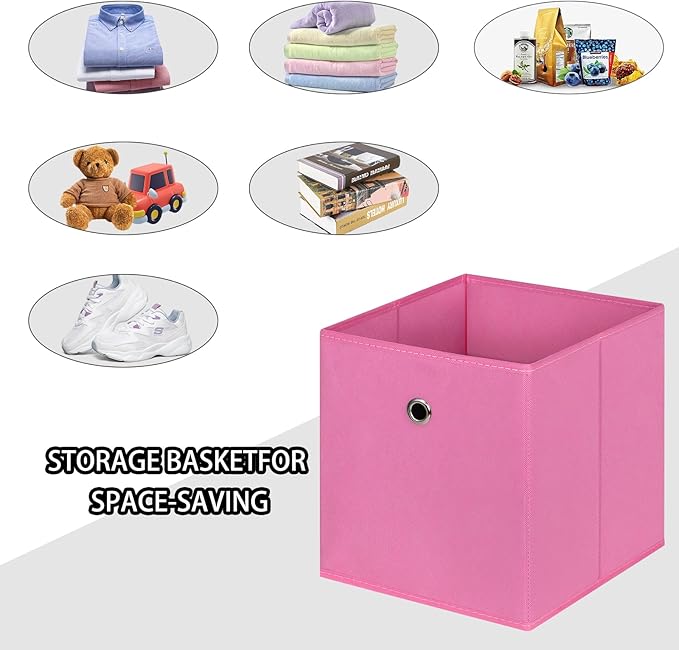 Foldable Storage Cubes Bins ,11 Inch Cloth Storage Cube Fabric Storage Box Cubes Organizer Baskets with Handles for Home Organizer Set of 6 (Pink)
