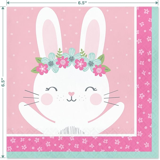 Birthday Bunny Pink Floral Boho Paper Dinner Plates and Luncheon Napkins (Serves 16) - Pink Bunny Boho Party and Baby Shower Tableware