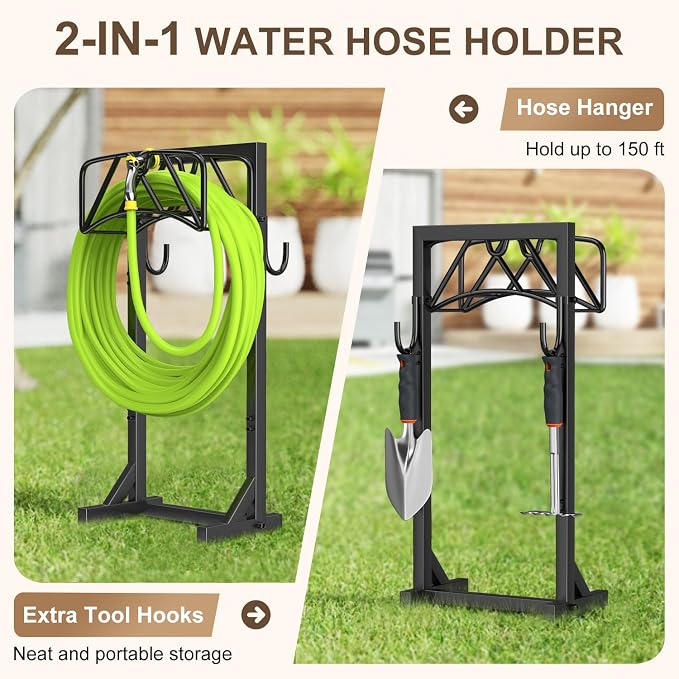 Garden Hose Holder Stand, Heavy Duty Freestanding Hose Holder Rack with 4 Spikes, Holds 150 ft, Outdoor Water Hose Holder for Yard Lawn Garden