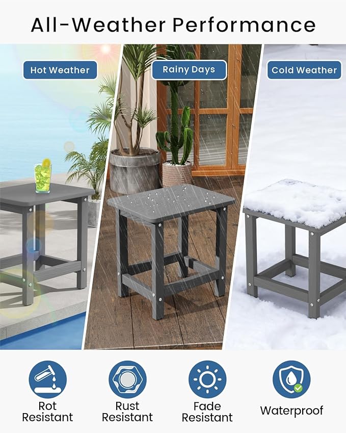 Set of 2 HDPE Outdoor Side Table, Weatherproof Small Outdoor Table for Adirondack, 16.6-Inch Patio Square End Tables for Garden, Backyard, Porch, Deck, Balcony, Poolside (Grey)