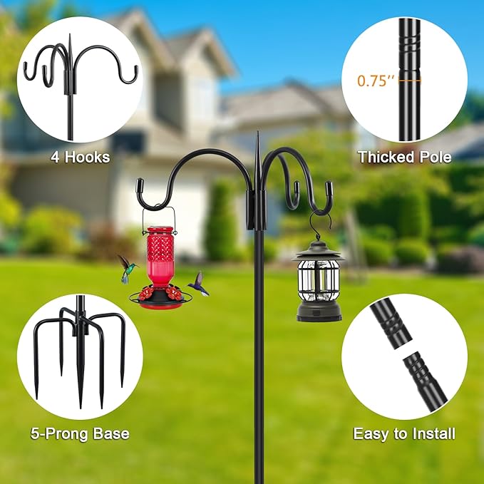 FEED GARDEN Heavy Duty Shepherds Hook 76" Triple Hooks - Metal 5-Prong Base, Adjustable (44/60/76") - 17lb Capacity Bird Feeder Pole for Hanging Plants, Solar Lanterns, Wind Chimes, 1 Pack