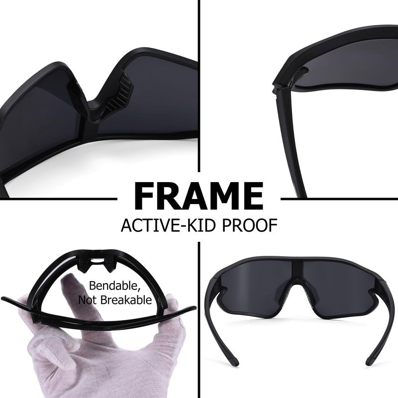 GLARDEFE Kids Baseball Sunglasses - Youth Baseball Sunglasses for Boys Girls - Sports Softball Shades Age 6-14(Black/Grey + Black/Silver Mirror)
