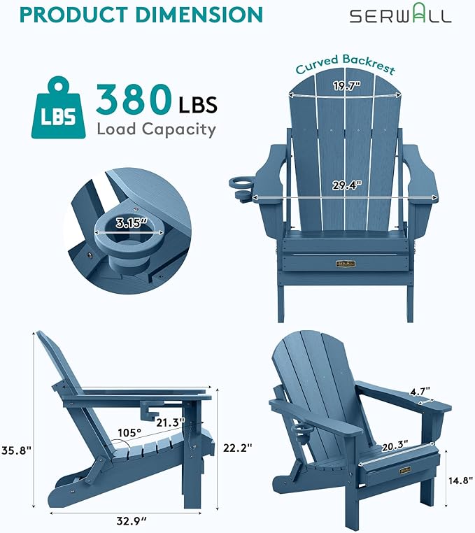 SERWALL Folding Adirondack Chair with Cup Holder Set of 6, Weather Resistant HIPS Lawn Chairs, Wooden Textured, Fire Pit Chairs for Backyard, Garden - Blue