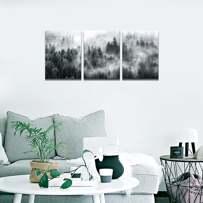MHARTK66 Wall Decor Living Room Large Size Canvas Wall Art For Bedroom Foggy Forest Trees Landscape Wall Painting Office Decor Wall Decorations Ready To Hang Framed Wall Pictures Home Decor 3 Pieces