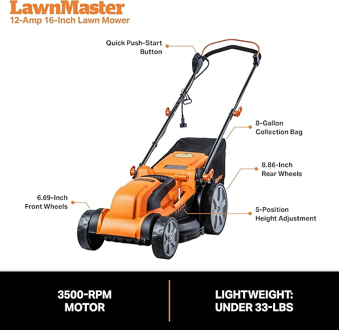 LawnMaster MEB1216K Electric Lawn Mower 16-Inch 12AMP