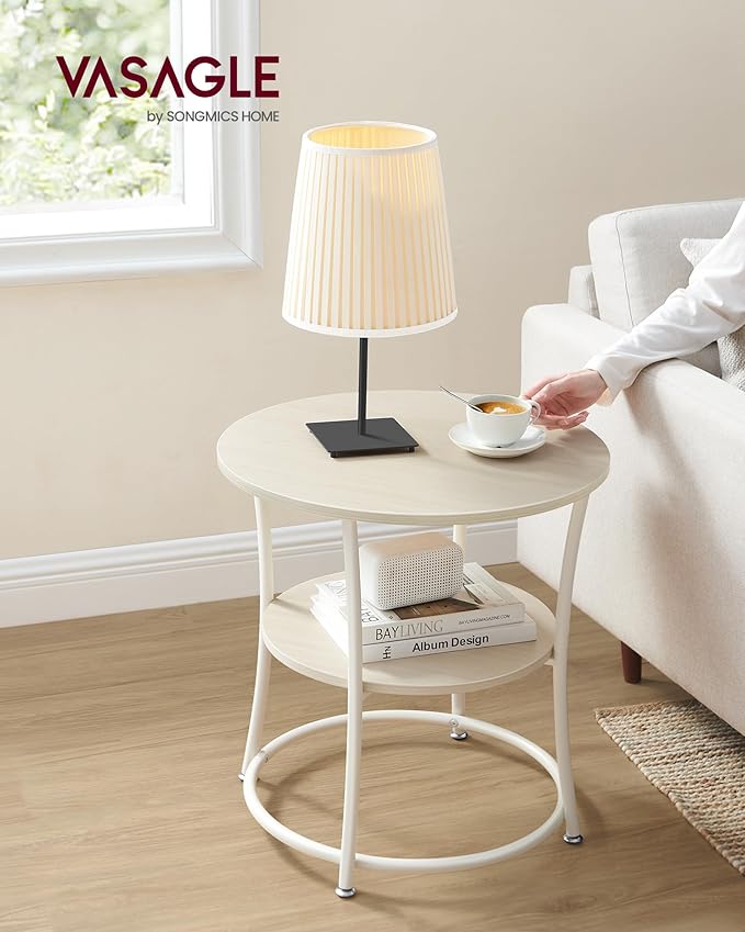 VASAGLE 21.7-Inch Round Side Table, 2-Tier End Table, Nightstand with Steel Frame, Spacious Top, for Small Spaces, Living Room, Bedroom, Natural Beige ULET056N01