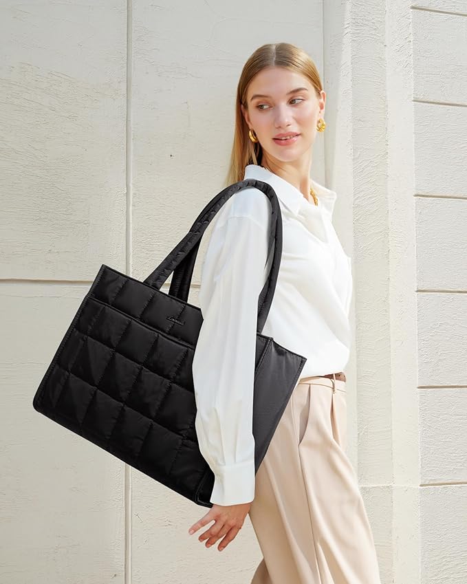 LOVEVOOK Tote Bag for Women, Puffer Work Handbag 17 Inch Laptop Purse for Nurse Teacher, Large Quilted Travel Tote Shoulder Bag with Zipper for College Office Clinical Gym, Black