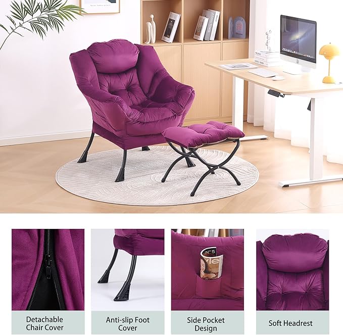 LITA Lazy Chair with Ottoman, Modern Accent Leisure Upholstered Sofa Chair, Contemporary Lounge Reading Chairs with Armrests and a Side Pocket for Living Room, Bedroom & Small Space