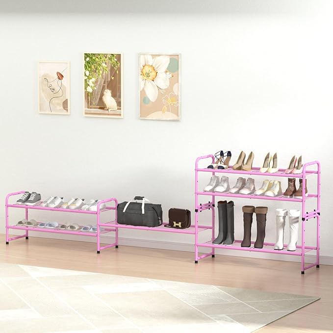 SUFAUY 2-Tier 33" Wide Shoes Rack Shelf for Closet Metal Stackable Shoe Storage Organizer, Wire Grid, Pink