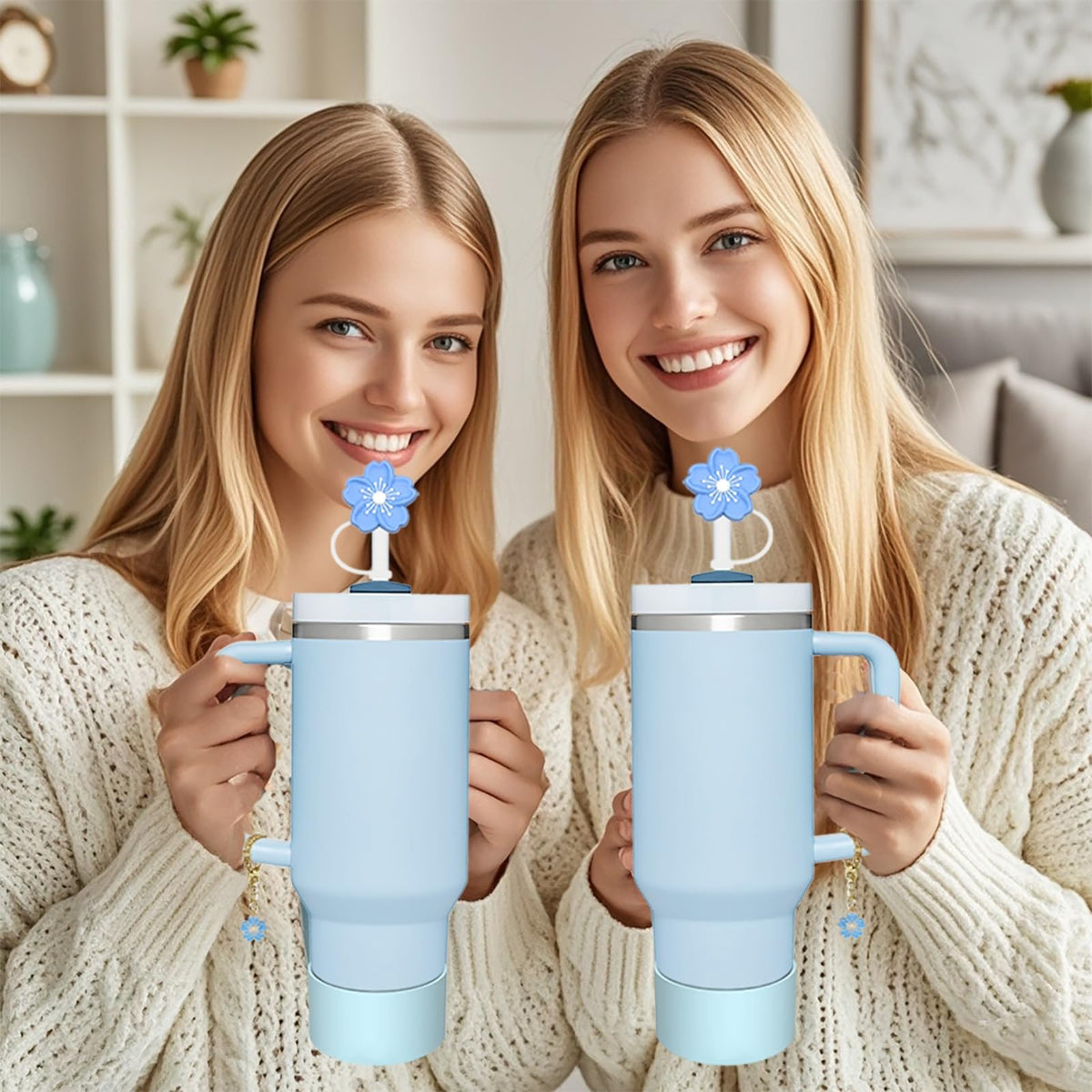 Stanley Cup Accessories Set,Including 2 Pcs 0.4in Straw Cover, 1 Silicone Spill-Proof Stopper Set of 3, 1 Cute Flower Handle Charm, 1 Silicone Boot Fits Stanley 40&30 Oz Tumbler (Blue)