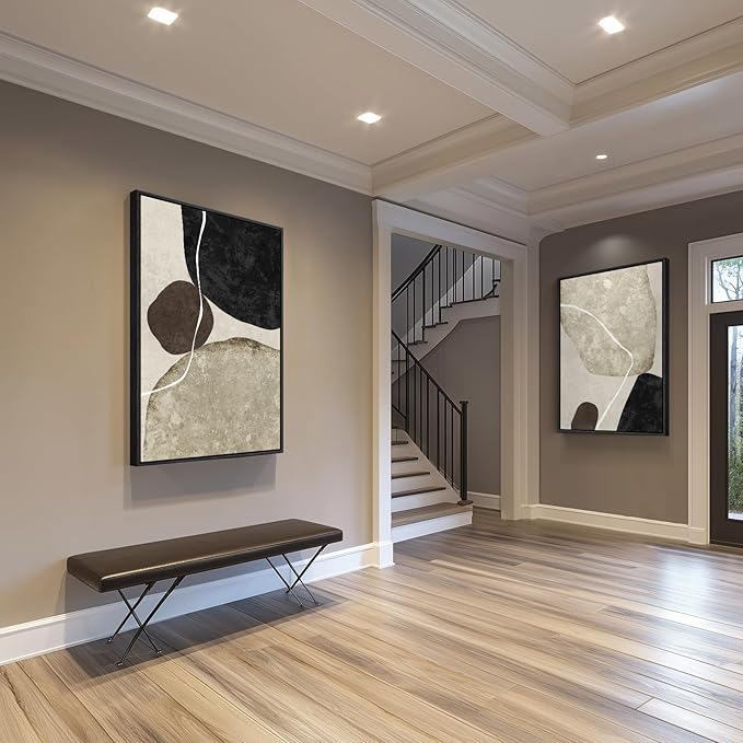 Large Framed Neutral Abstract Wall Art Set of 2, Modern Black Beige Brown