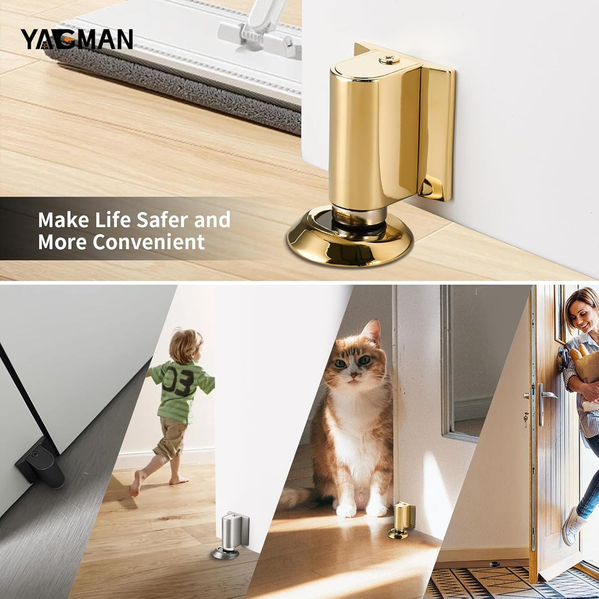 3 Pack Magnetic Door Stoppers Retractable Bottom of Door Holder No Drilling Mount Floor Door Stop with Screws and Adhesive Catch Door Keep Door Open Polished Gold PG-3