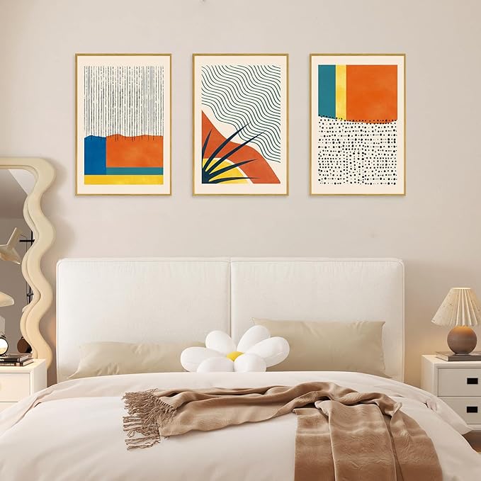 CHDITB Large Framed Boho Canvas Wall Art Set, Mid Century Modern Wall Decor, Bohemian Geometric Line Painting, Colorful Art Print for Living Room, Bedroom, Dinning Room, Office, Bathroom - 16"x24"x3