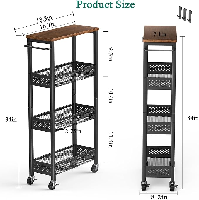Slim Storage Cart 4 Tier Narrow Kitchen Rolling Cart on Wheels for Small Space, Mobile Utility Cart Shelving Unit with Wooden Top and Metal Handle for Kitchen, Bathroom, Laundry Room