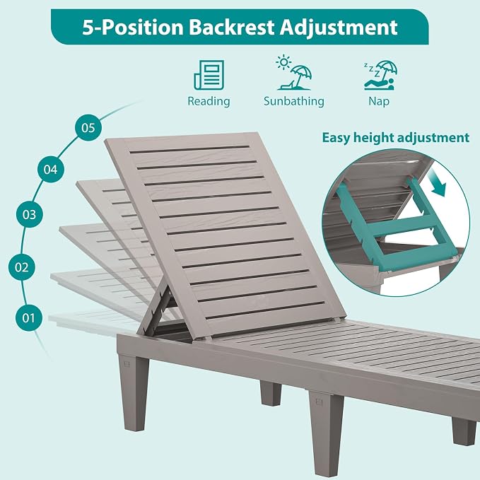 Outdoor Lounge Chairs Set of 2 for Poolside Patio, Weather-Resistant Pool Chaise Lounge with Adjustable Backrest, Resin Tanning Chair Sun Lounger for Outside Deck, Beach, Sunbathing, Taupe