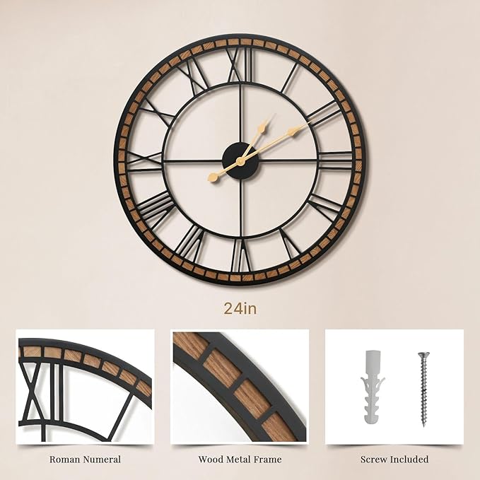 Micasso Large Farmhouse Wall Clock: 24 inch Modern Metal Black