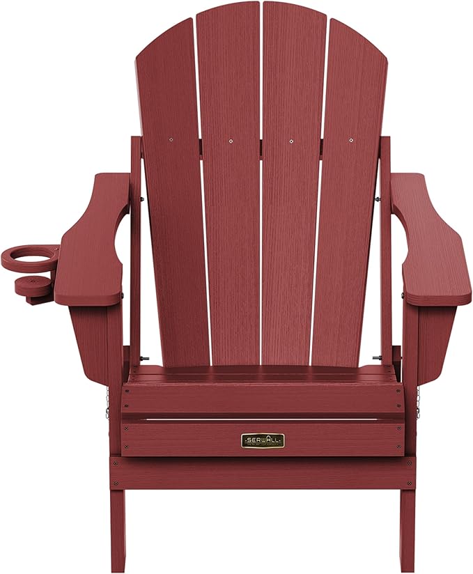 SERWALL Folding Adirondack Chair Set of 6 Weather Resistant Lawn Chairs with Cup Holder for Patio - Red
