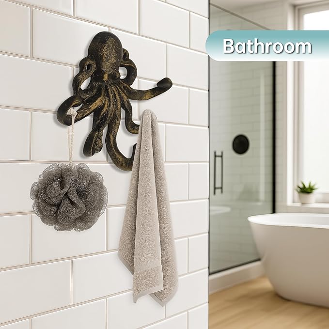 Octopus Cast Iron Wall Hook – Nautical Decorative Key Holder, Coastal Ocean