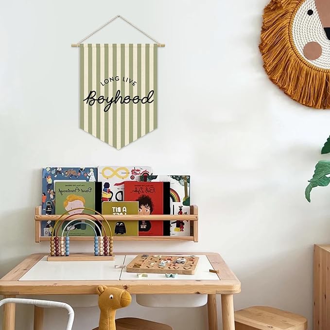 Boys Room Decor, Long Live Boyhood Boy Nursery Linen Canvas Banner, Green and White Striped Wall Hanging Pennant Flag Banner for Boys Kids Toddler Room Bedroom Playroom Decor, 15x11in