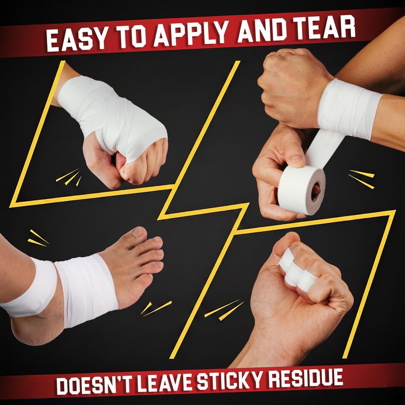 Summum Fit White Athletic Tape Extremely Strong: 3 Rolls + 1 Finger Roll. Easy to Apply & No Residue. Sports Tape Athletic for Boxing Football Climbing or Gymnastics for Wrist Ankle & Hand Protection