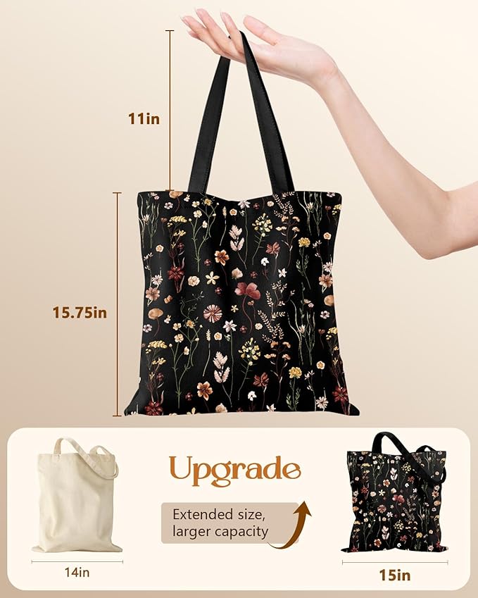 Miss Adola Canvas Tote Bag for Women – Aesthetic Canvas Bag with Zipper Cute Stylish Reusable Shoulder Totes for Shopping Work Daily Vacation, Black Grow Flower