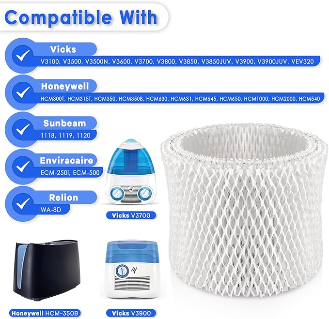 WF2 Humidifier Filter Replacement for Vicks V3100 V3500 V3600 V3700 V3800 V3850 V3900, for Honeywell HCM-350 HCM-630 HCM-300T, for Kaz 3020, for Sunbeam 1118 1119, ECM-250i, ECM-500