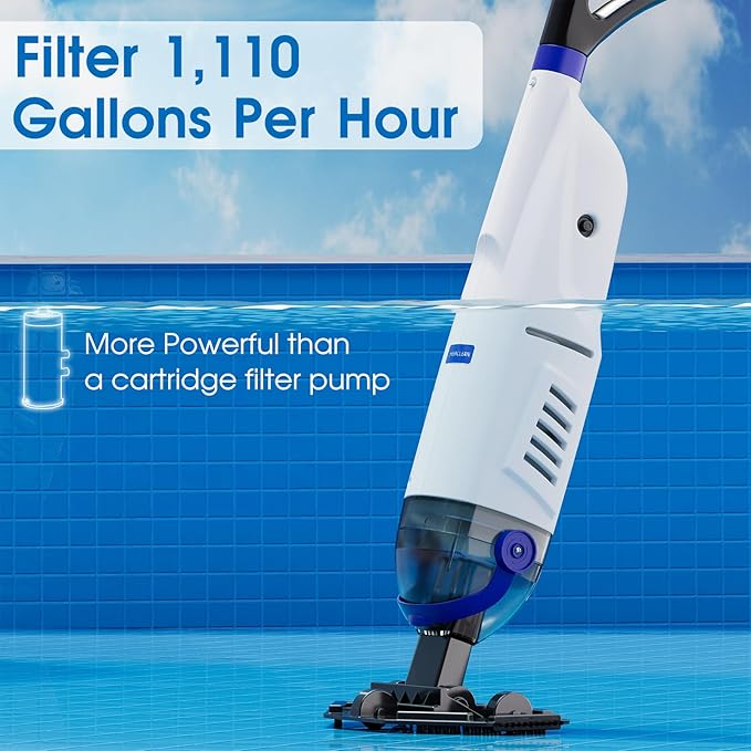 Cordless Handheld Pool Vacuum Cleaner 1110 GPH True Strong Suction 60min Run-time 40µm Ultra Fine Mesh Filter for Leaves Debris,with Aluminum Pole&Angle Head for Hot Tubs,Inground &Above Ground Pools