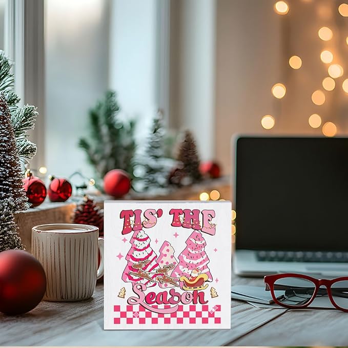 Pink Christmas Decorations for Home Tis the Season Sign Christmas Decor for Office Room Merry Xmas Decorations Table 5 x 5 Inches