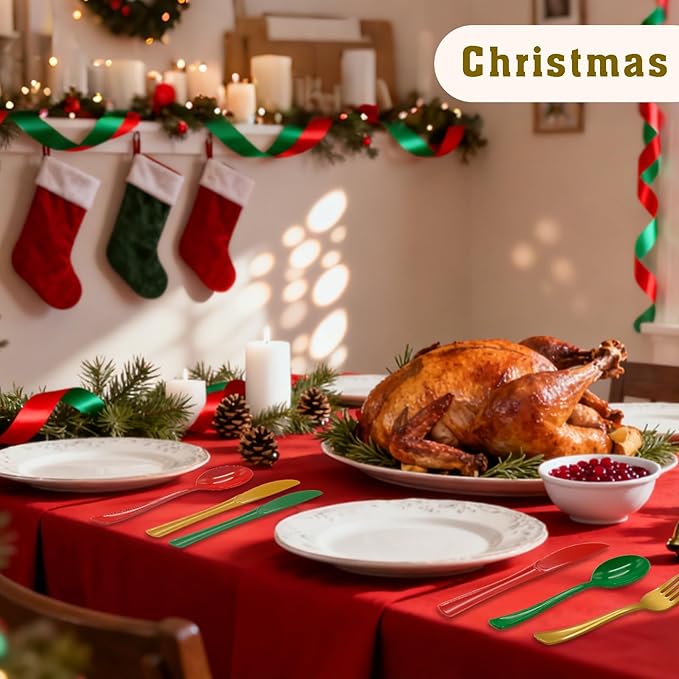 153 Pcs Christmas Plastic Silverware Heavy Duty Disposable Tableware Sets Includes Spoons Forks Knives for Christmas Party Supplies (Red Green Gold)
