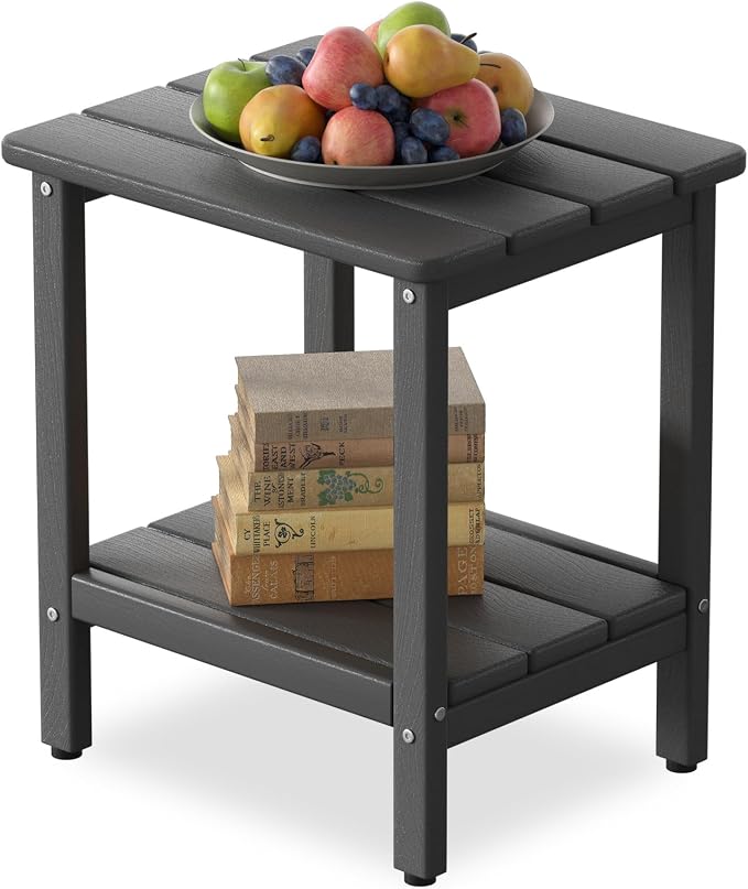 Outdoor Side Table, 17.7-Inch Small Patio End Table with Adjustable Feet, All-Weather HDPE Accent Adirondack Table for Porch Deck Balcony Poolside, Easy Maintenance, Grey
