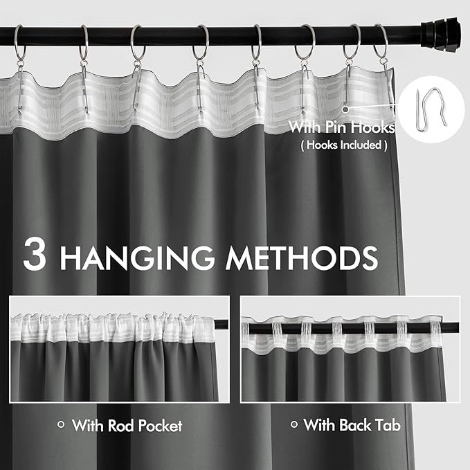 MIULEE Back Tab Grey Blackout Curtains 96 Inch Long 2 Panels Set