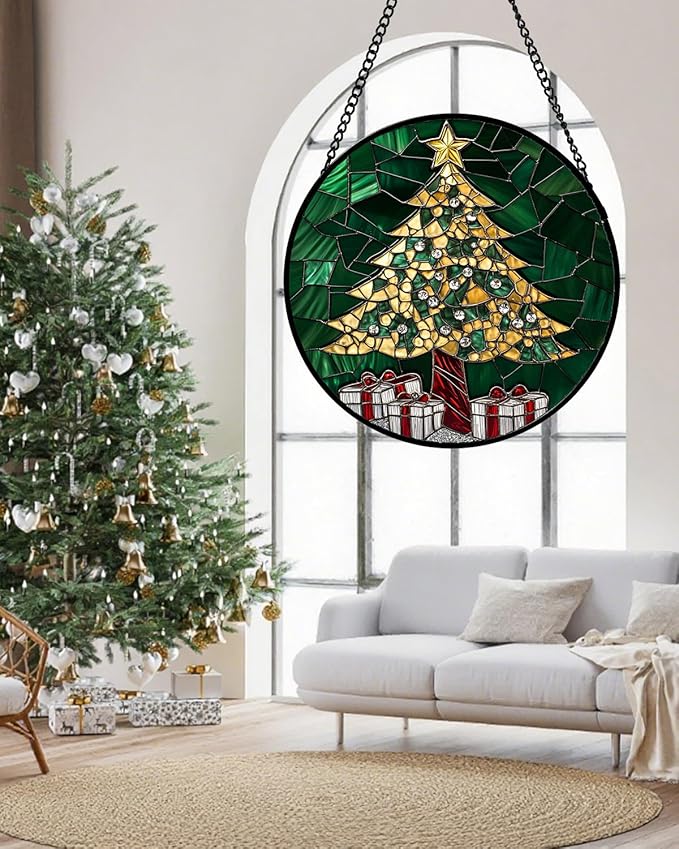 Stained Glass Window Hanging - Gold Green Christmas Tree Suncatcher for Doors Home Christmas Decoration Winter Sun Catcher Thanksgiving New Year Birthday Gifts for Women Men Mom Nana 6.3 in