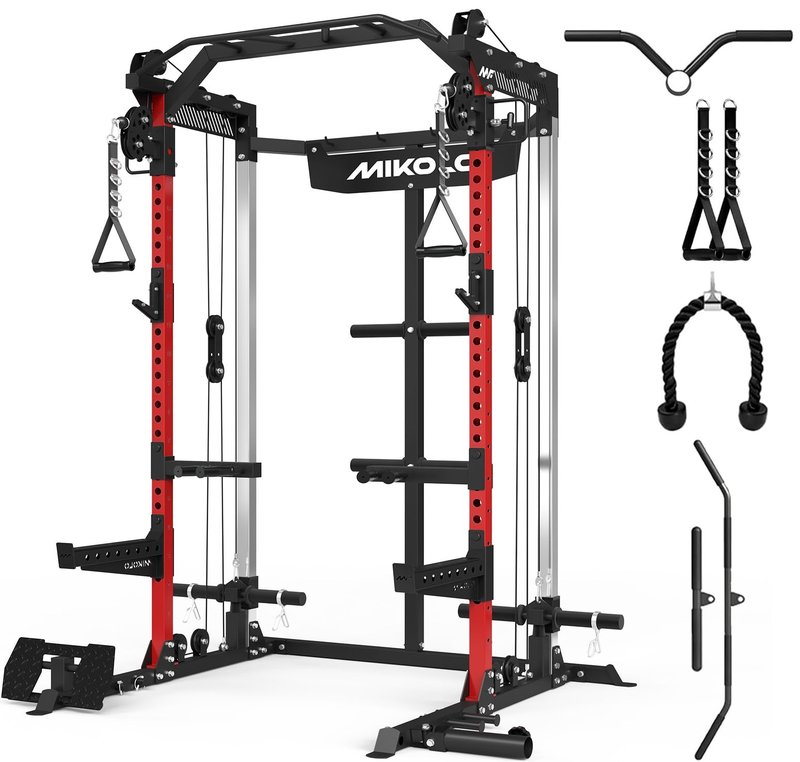 Mikolo Power Cage, 2000LB Power Rack with Independent Dual Pulley System, Multi-Function Home Gym Workout Machine for Cable Crossover (Red)