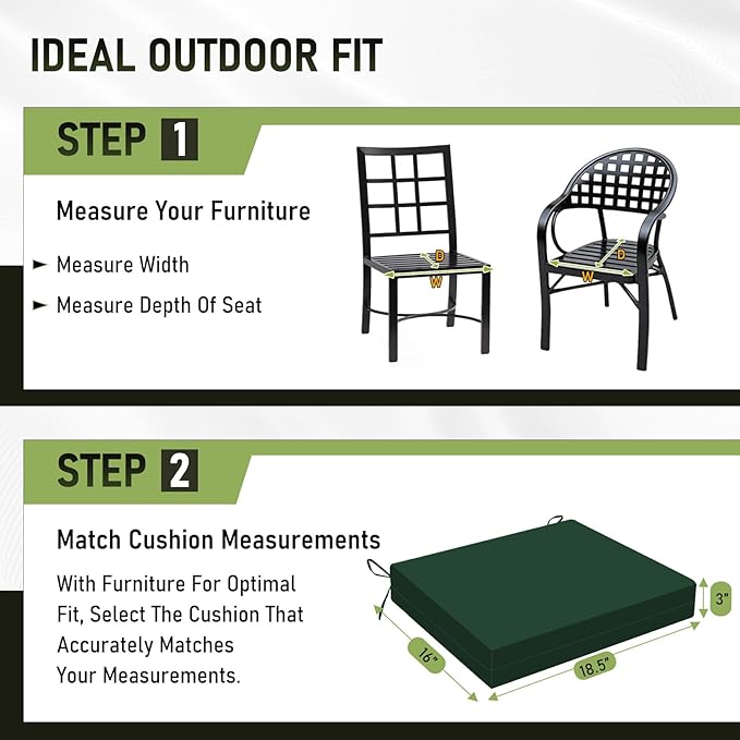 Basic Beyond Outdoor Chair Cushions Set of 6, Square Corner Outdoor Cushions for Patio Furniture, Water Resistant Patio Chair Cushions with 2 Ties, 18.5x16x3, Forest Green