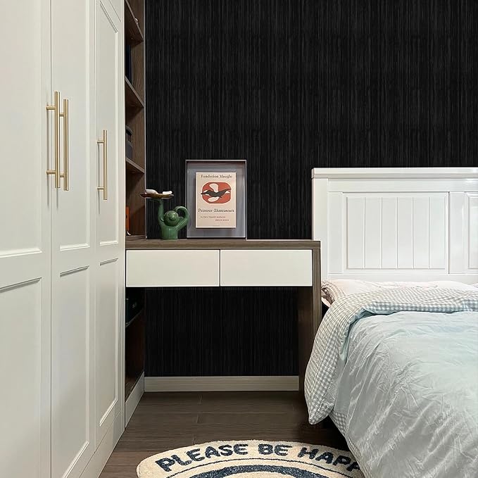 Black Grasscloth Peel and Stick Wallpaper Texture Contact Paper A Set of 15.7"