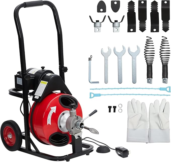 100 FT x 1/2 Drain Cleaner Machine with 250W Motor,Auto Feed Portable Sewer Snake Auger with Wheels,8 Cutters,Air-activated Foot Switch,Fits 1" to 4" Pipes