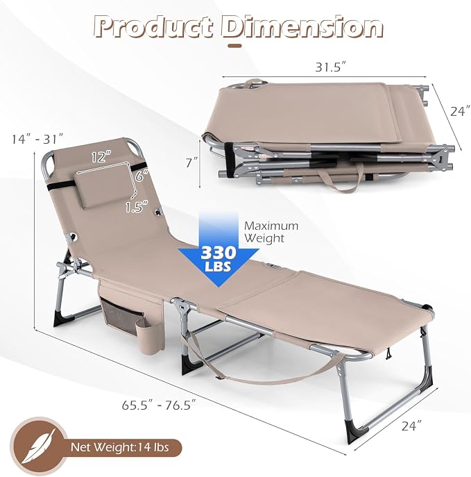 GYMAX Tanning Chair, 3 in 1 Sun Bathing Lounge Chairs with Face/Arm Holes & Side Pocket, Portable Lightweight Face Down Layout Tanning Chair for Outside, Beach, Backyard, Poolside (1, Sand)