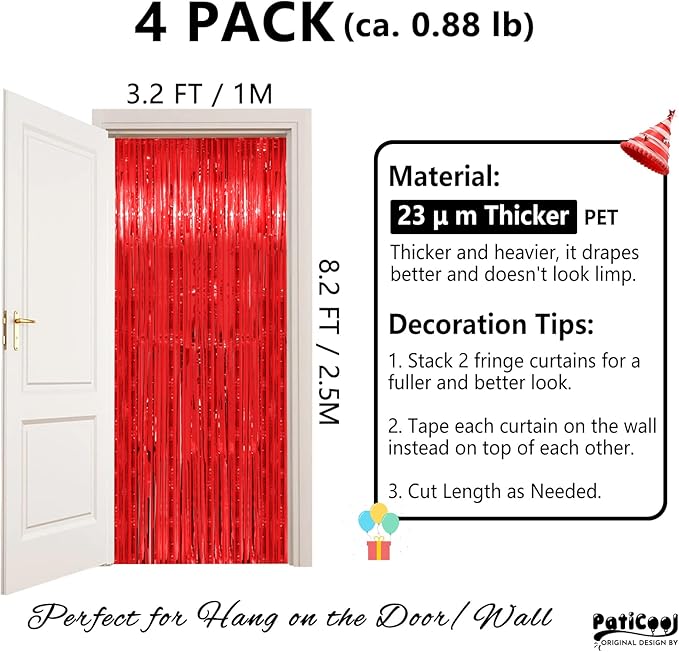 Thicken Red Streamers 4 Pack 3.2 x 8.2 FT, Red Tinsel Backdrop Curtains, Foil Fringe Backdrop for Birthday, Casino, Carnival, Christmas, Cherry, Hollywood Red Carpet Party Decorations