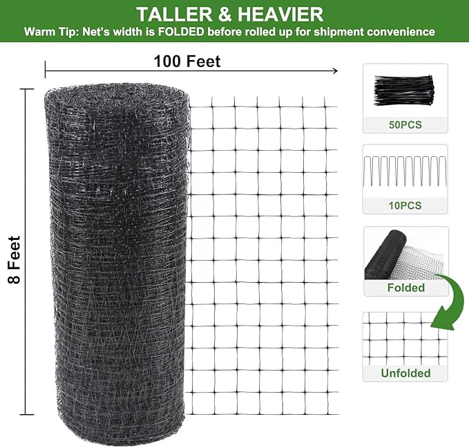 Mklsit Deer Netting Fence, 8ft x 100ft Bird Netting Heavy Duty Garden Netting for Garden Protection Fruit Trees Vegetable Plants Against Birds, Deer and Other Animals