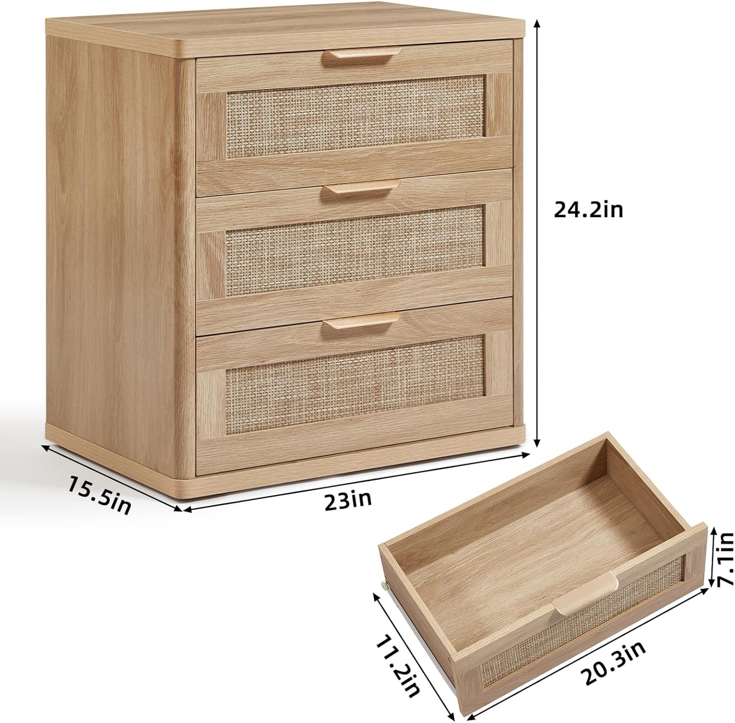 LEYAOYAO Rattan Night Stand Set of 2 with Drawers, 23" Large 3 Drawer Boho Nightstand, Natural Wood Bedside Table Storage Cabinet, Bed Side End Tables Dresser for Bedroom, Living Room, Hallway, Closet