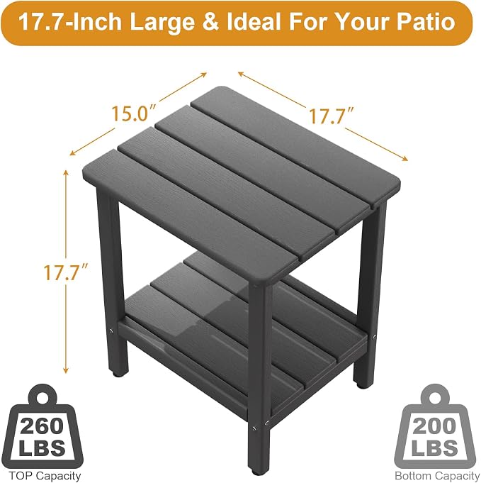 Outdoor Side Table, 17.7-Inch Small Patio End Table with Adjustable Feet, All-Weather HDPE Accent Adirondack Table for Porch Deck Balcony Poolside, Easy Maintenance, Grey