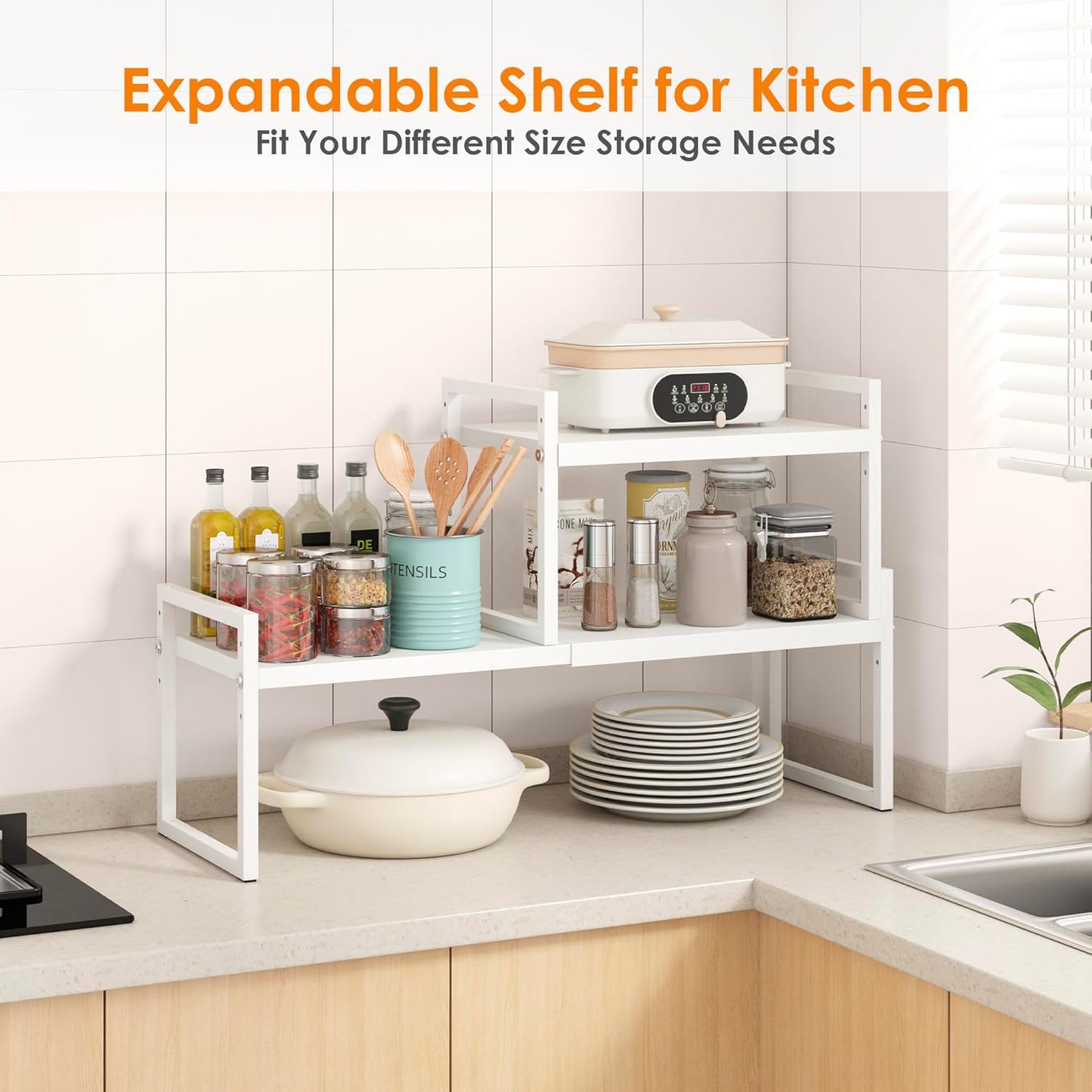 DOLALIKE Expandable Kitchen Countertop Organizer, Stackable Cabinet Shelf Organizers, Space Saving Spice Rack Pantry Storage for Bathroom Office Organization (White, 2-Tier)