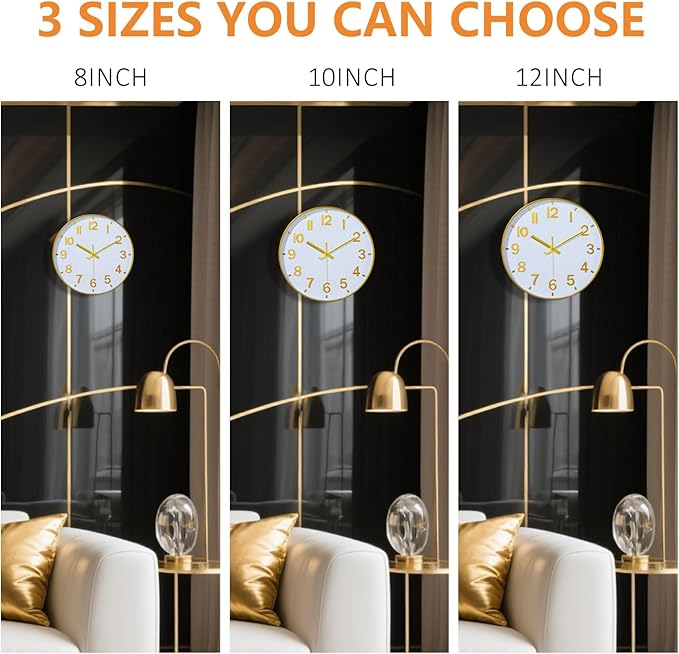 Gold Wall Clock, 8 Inch Wall Clocks Battery Operated, Round Modern Non Ticking