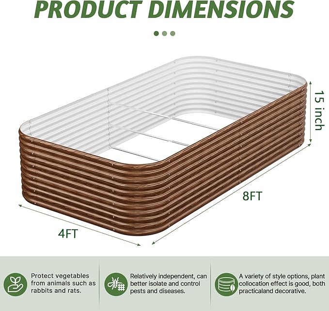 4 Pack Tall 8x4FT Brown Corrugated Galvanized Steel Raised Garden Bed Outdoor, Metal Above Ground Garden Bed for Vegetables and Flowers, Raised Beds for Gardening