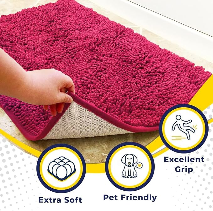 Muddy Mat® | Super Water Absorbent Door Mat Indoor, Microfiber Quick Dry Chenille Entryway Rug, Slip Resistant Front Door Mat, Indoor Mats for Entryway, Machine Washable Pet Rug, Hot Pink 48" x 72"